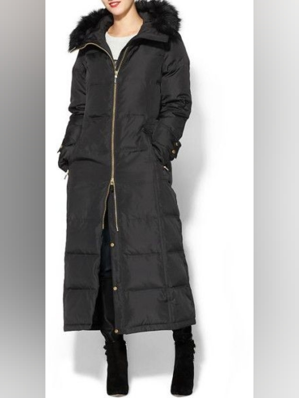 Calvin Klein Black Long Hooded Puffer Coat with Fur Trim